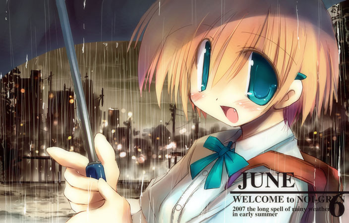 sakaki (noi-gren), tagme, 1girl, fang, female focus, rain, solo, umbrella