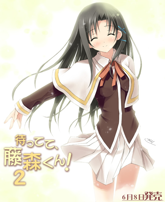 kantoku, kurokawa kazumi, mattete fujimori-kun!, official art, 1girl, ^ ^, black hair, blush, capelet, closed eyes, clothes lift, copyright name, dated, female focus, hair ornament, hairclip, happy, long hair, miniskirt, neck ribbon, outstretched arm, parted bangs, pleated skirt, ribbon, school uniform, serafuku, shirt, sidelocks, signature, skirt, skirt lift, smile, solo, standing, thigh gap, wind, wind lift