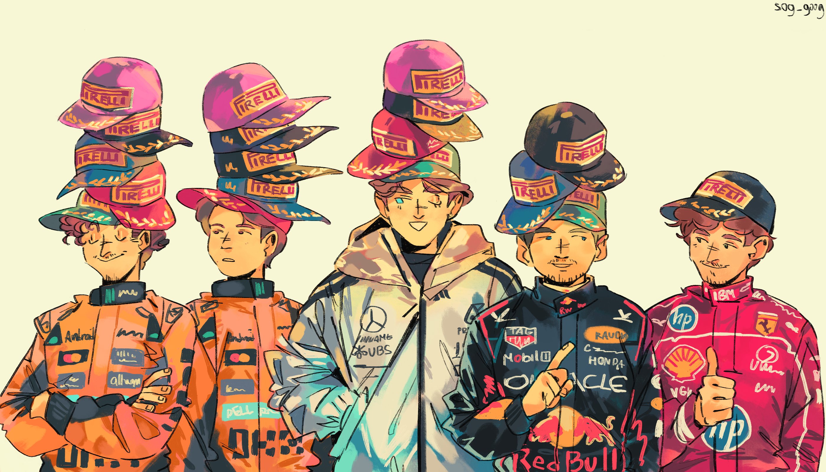 charles leclerc, max verstappen, ferrari, formula one, hewlett-packard, pirelli, real life, red bull, shell (company), tag heuer, commentary, english commentary, highres, 5boys, baseball cap, black eyes, blue eyes, blue racing suit, brown hair, closed eyes, crossed arms, facial hair, george russell, grey jacket, hands in pockets, hat, hat over hat, hood, hooded jacket, jacket, lando norris, looking at another, male focus, multiple boys, no sclera, one eye closed, orange racing suit, oscar piastri, racing suit, red racing suit, simple background, smile, sog goog, thumbs up, yellow background