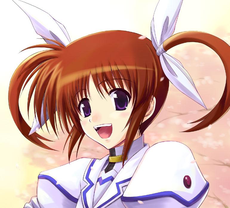 ishigaki takashi, takamachi nanoha, lyrical nanoha, mahou shoujo lyrical nanoha, mahou shoujo lyrical nanoha strikers, 00s, 1girl, brown hair, female focus, happy, magical girl, open mouth, purple eyes, red hair, short hair, solo, twintails, upper body
