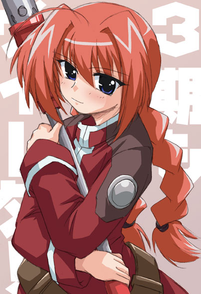loo, graf eisen, vita (nanoha), lyrical nanoha, mahou shoujo lyrical nanoha, mahou shoujo lyrical nanoha strikers, 00s, 1girl, braid, dress, female focus, hammer, hugging object, long sleeves, looking at viewer, polearm, red dress, red eyes, red hair, single braid, solo, weapon