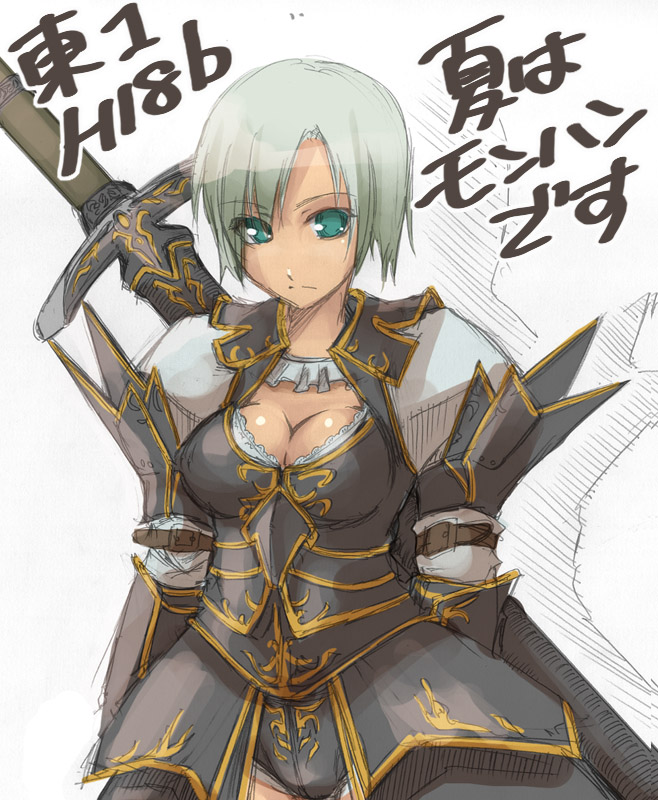 thomasz, vagrant (artist), 1girl, armor, breasts, cleavage, fantasy, female focus, medium breasts, solo, sword, weapon