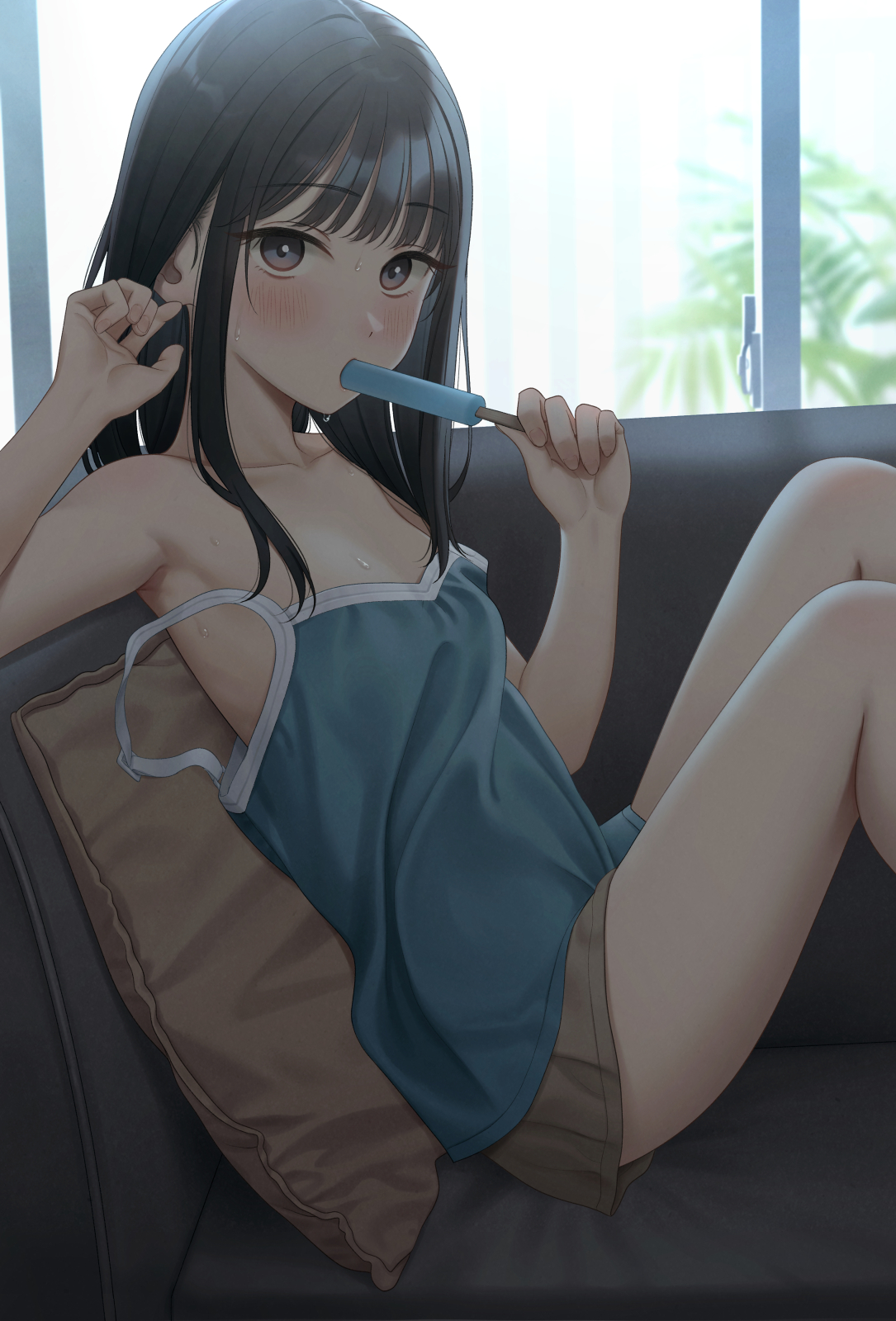 yukiyama momo, original, commentary request, highres, variant set, 1girl, black eyes, black hair, blue camisole, breasts, brown shorts, camisole, couch, food, food in mouth, hands up, holding, holding food, holding popsicle, indoors, knees up, long hair, no bra, on couch, pillow, popsicle, popsicle in mouth, shorts, sitting, sleeveless, small breasts, solo, spaghetti strap, strap slip, sweat