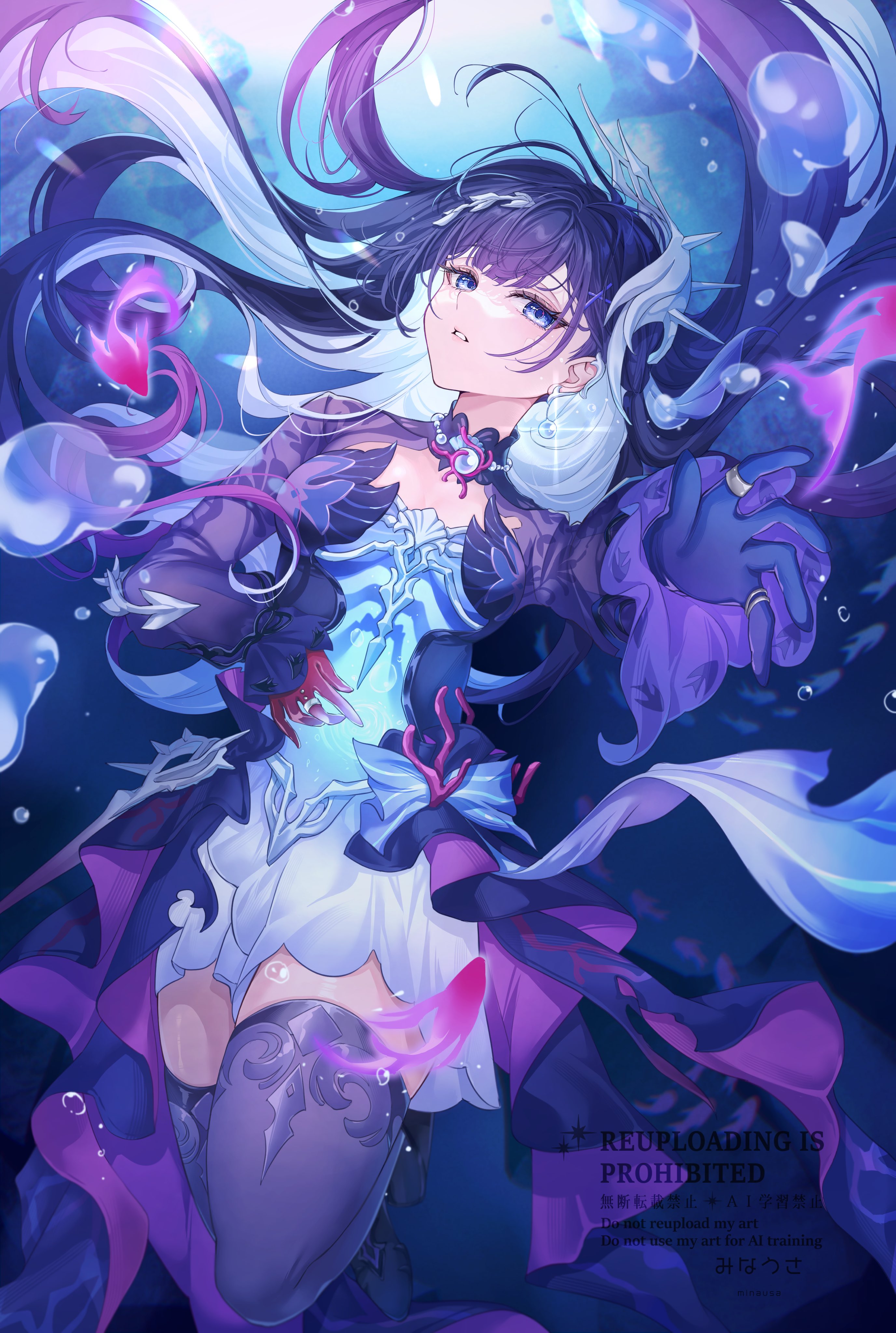minausa, hysilens (honkai: star rail), honkai: star rail, honkai (series), absurdres, highres, 1girl, air bubble, asymmetrical gloves, black gloves, black thighhighs, bubble, dress, earrings, gloves, jewelry, long hair, long sleeves, looking at viewer, mismatched gloves, multicolored hair, parted lips, red gloves, see-through body, solo, thighhighs, underwater, very long hair
