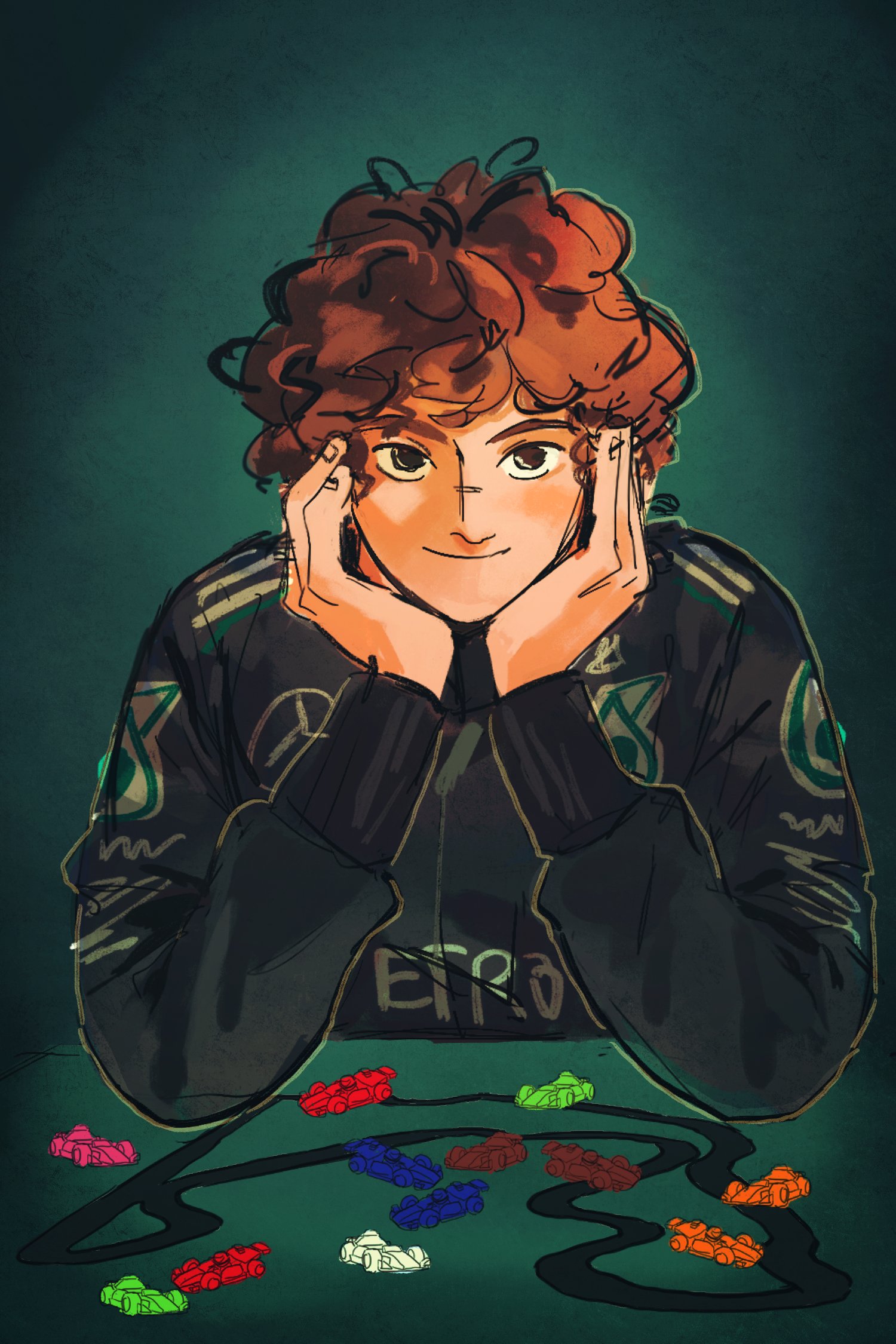 formula one, real life, commentary, english commentary, highres, 1boy, andrea kimi antonelli, black eyes, black racing suit, blue background, brown hair, closed mouth, curly hair, hands framing own cheeks, head rest, long sleeves, looking at viewer, male focus, racing suit, short hair, simple background, smile, sog goog, solo, straight-on, upper body