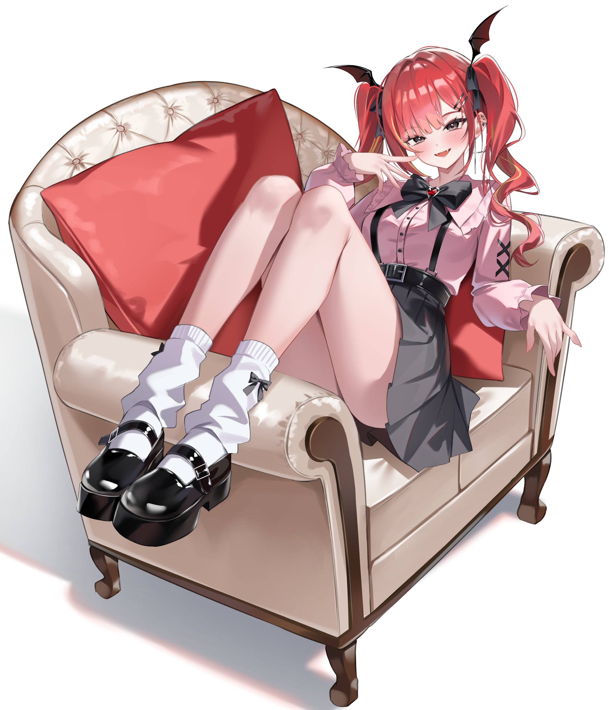 shuvi (shuvi1125), akane lize, stellive, absurdres, highres, 1girl, belt, black belt, black bow, black bowtie, black shoes, black skirt, blush, bow, bowtie, couch, fangs, full body, grey eyes, long sleeves, looking at viewer, mole, mole on cheek, on couch, pink shirt, red hair, shirt, shoes, simple background, skirt, smile, socks, solo, twintails, virtual youtuber, white background, white socks