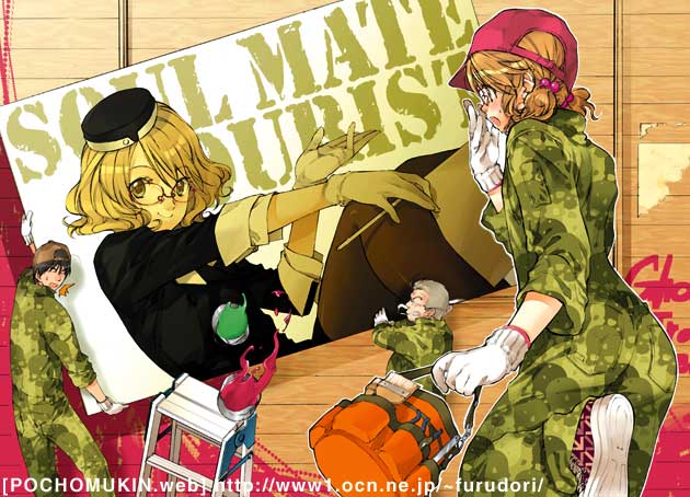 furudori yayoi, tagme, 1girl, 2boys, english text, flight attendant, glasses, multiple boys, skull print, travel attendant