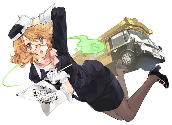 furudori yayoi, uniform, vehicle, 1girl, ascot, blonde hair, brown eyes, bus, female focus, flag, flight attendant, glasses, gloves, hand on headwear, hat, high heels, motor vehicle, open mouth, pantyhose, pencil skirt, shoes, skirt, solo, travel attendant
