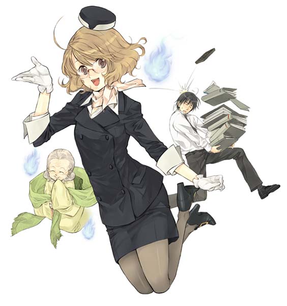 furudori yayoi, uniform, 1boy, 2girls, ascot, blonde hair, book, book stack, brown eyes, carrying, flight attendant, glasses, holding, holding book, multiple girls, pantyhose, pencil skirt, skirt, travel attendant