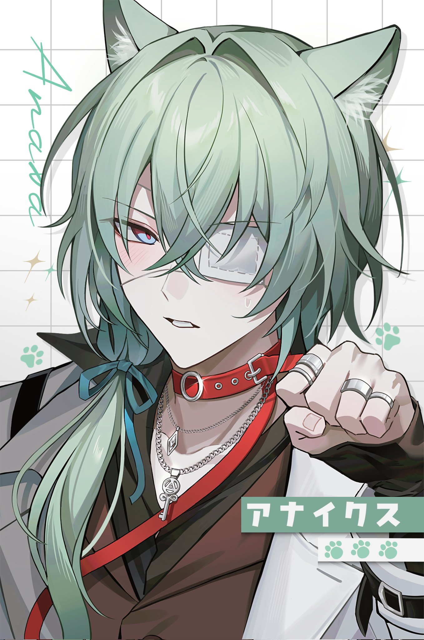 nyamnyam (ny am 030), anaxa (honkai: star rail), honkai: star rail, honkai (series), hashtag-only commentary, highres, 1boy, animal ear fluff, animal ears, blue eyes, blue ribbon, brown shirt, cat boy, cat ears, character name, choker, eyepatch, green hair, grid background, hair between eyes, hair ribbon, hand up, jacket, jewelry, kemonomimi mode, long hair, long sleeves, looking at viewer, low ponytail, male focus, necklace, open clothes, open jacket, parted lips, paw pose, ponytail, portrait, red choker, ribbon, ring, shirt, solo, white background, white jacket