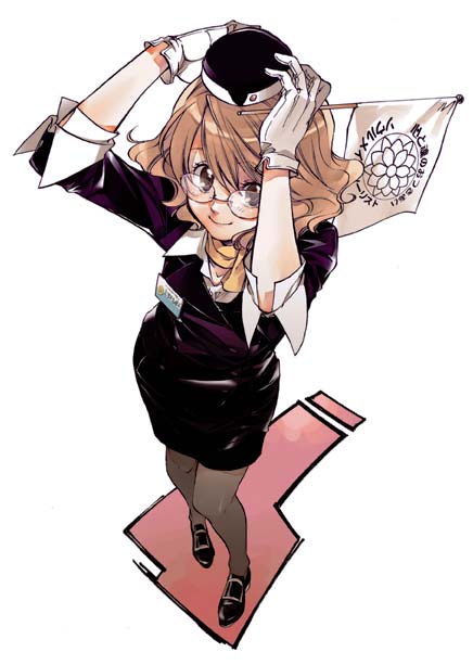 furudori yayoi, uniform, 1girl, ascot, blonde hair, brown eyes, female focus, flag, flight attendant, from above, glasses, hat, pantyhose, pencil skirt, skirt, smile, solo, standing, travel attendant
