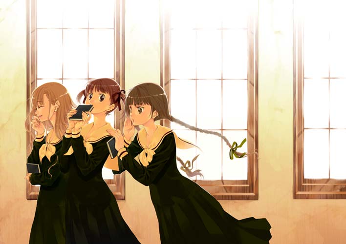 furudori yayoi, fukuzawa yumi, shimazu yoshino, toudou shimako, maria-sama ga miteru, 00s, 3girls, blonde hair, book, braid, brown eyes, brown hair, closed eyes, hair ribbon, long hair, multiple girls, red hair, ribbon, school uniform, serafuku, short hair, short twintails, twin braids, twintails, window