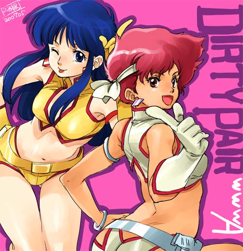 furudori yayoi, kei (dirty pair), yuri (dirty pair), dirty pair, 1980s (style), 2girls, :p, armlet, blue eyes, blue hair, bracelet, brown eyes, earrings, gloves, headband, holster, jewelry, long hair, midriff, multiple girls, one eye closed, open mouth, pink hair, red hair, retro artstyle, short hair, tan, tongue, tongue out, wink
