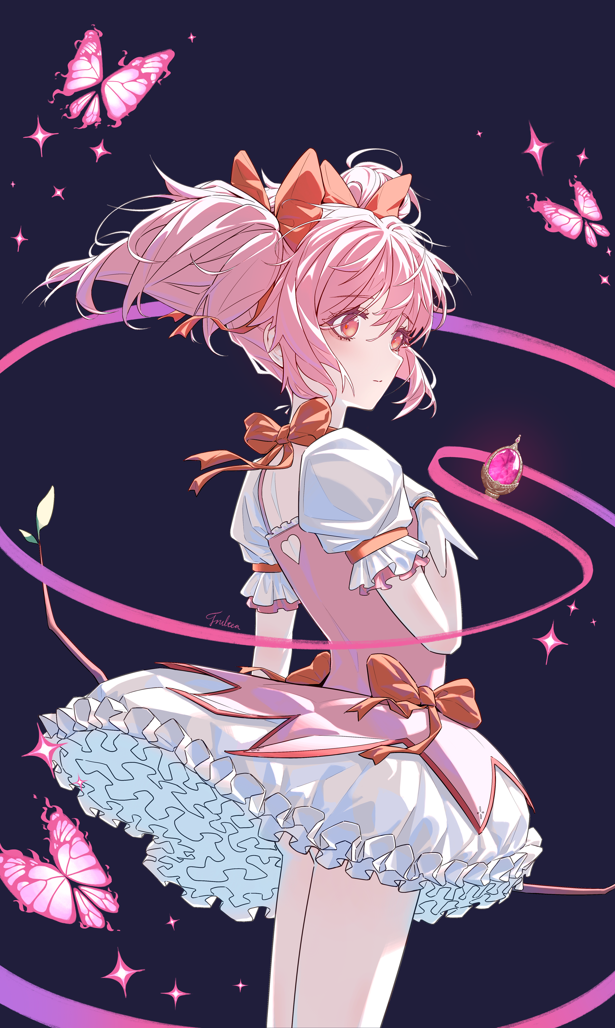 fruitea 0312, kaname madoka, kaname madoka (magical girl), mahou shoujo madoka magica, absurdres, chinese commentary, highres, 1girl, black background, blush, bow, bow (weapon), bubble skirt, bug, butterfly, choker, closed mouth, dress, frilled dress, frills, gloves, hair bow, hand on own chest, holding, holding bow (weapon), holding weapon, insect, looking to the side, magical girl, pink butterfly, pink eyes, pink hair, pink ribbon, puffy short sleeves, puffy sleeves, red bow, red ribbon, ribbon, ribbon choker, short hair, short sleeves, short twintails, skirt, solo, soul gem, sparkle, twintails, weapon, white gloves