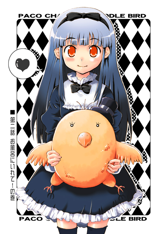 tenpou gensui, oogimachi mayuko, choir!, 1girl, black hair, black thighhighs, blue hair, blunt bangs, blush, bow, bowtie, checkered background, child, dress, female focus, flat chest, frills, hair bow, hairband, hat, heart, hime cut, lolita fashion, long hair, mini hat, mini top hat, red eyes, smile, solo, speech bubble, standing, stuffed animal, stuffed toy, thighhighs, top hat, zettai ryouiki