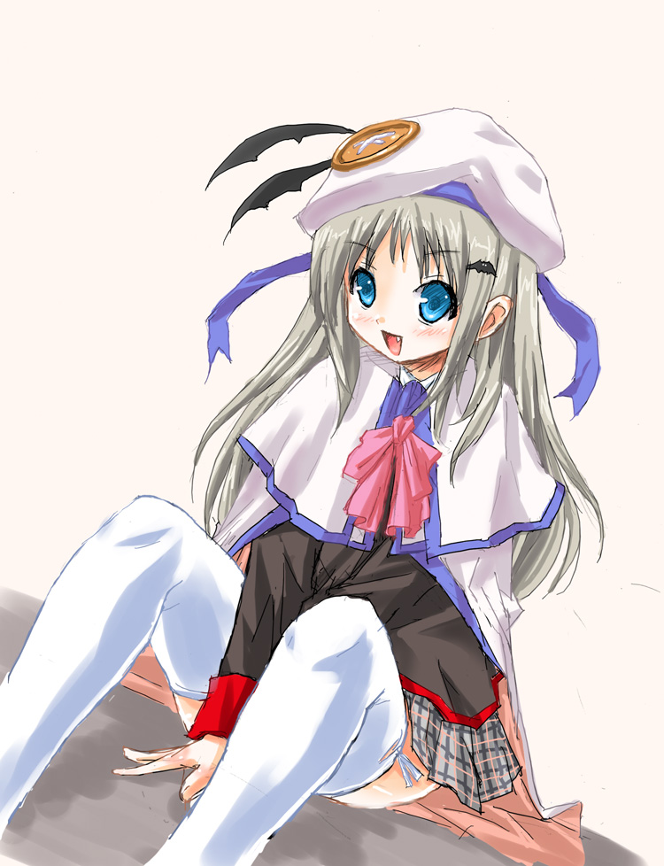 55kb, noumi kudryavka, little busters!, silver hair, 1girl, blue eyes, bow, buttons, cape, fang, female focus, hat, large buttons, long hair, pink bow, plaid clothes, plaid skirt, skirt, solo, thighhighs