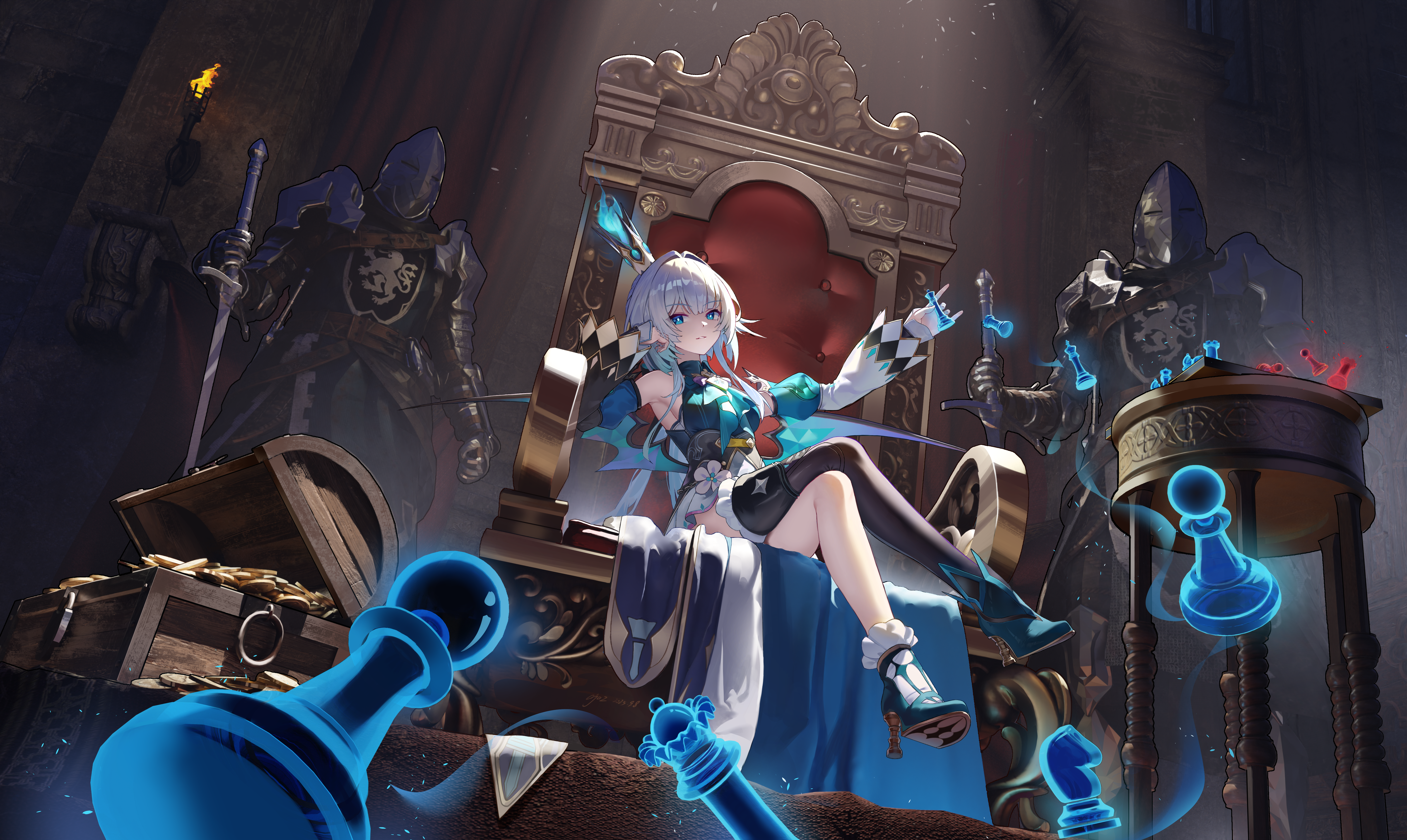 ajaz (artist), cerydra (honkai: star rail), honkai: star rail, honkai (series), absurdres, commentary request, highres, 1girl, armpits, asymmetrical legwear, bare shoulders, black thighhighs, blue dress, blue eyes, blue fire, blunt bangs, blunt ends, breasts, chess piece, chessboard, coin, crossed legs, crown, detached sleeves, diamond-shaped pupils, diamond (shape), dress, dutch angle, elbow rest, fire, from below, full body, gold coin, gold trim, hair intakes, hand on own face, hand up, high heels, holding, holding chess piece, holding sword, holding weapon, indoors, knight, light particles, long hair, long sleeves, looking at viewer, medium breasts, mini crown, mismatched legwear, parted lips, pawn (chess), rook (chess), sidelocks, single thighhigh, sitting on throne, solo focus, sword, symbol-shaped pupils, table, thighhighs, thighs, treasure chest, very long hair, weapon, white hair, wide sleeves