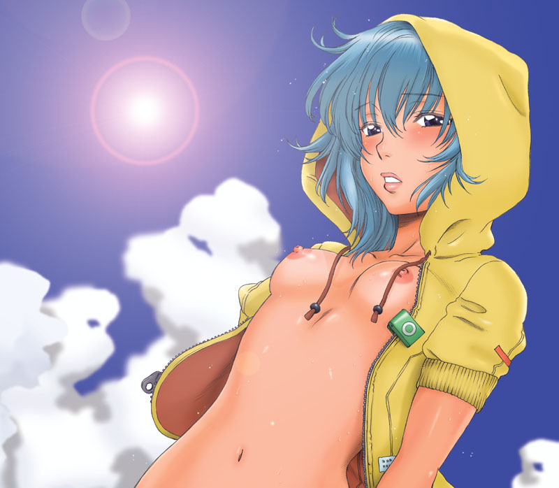 hanzaki jirou, original, 1girl, bikini tan, blue eyes, blue hair, blush, breasts, cloud, day, female focus, from below, hood, hoodie, lens flare, lips, looking at viewer, matching hair/eyes, naked hoodie, navel, nipples, no bra, open clothes, open shirt, parted lips, shirt, sky, small breasts, solo, sun, sweat, tan, tanline, upper body, zipper