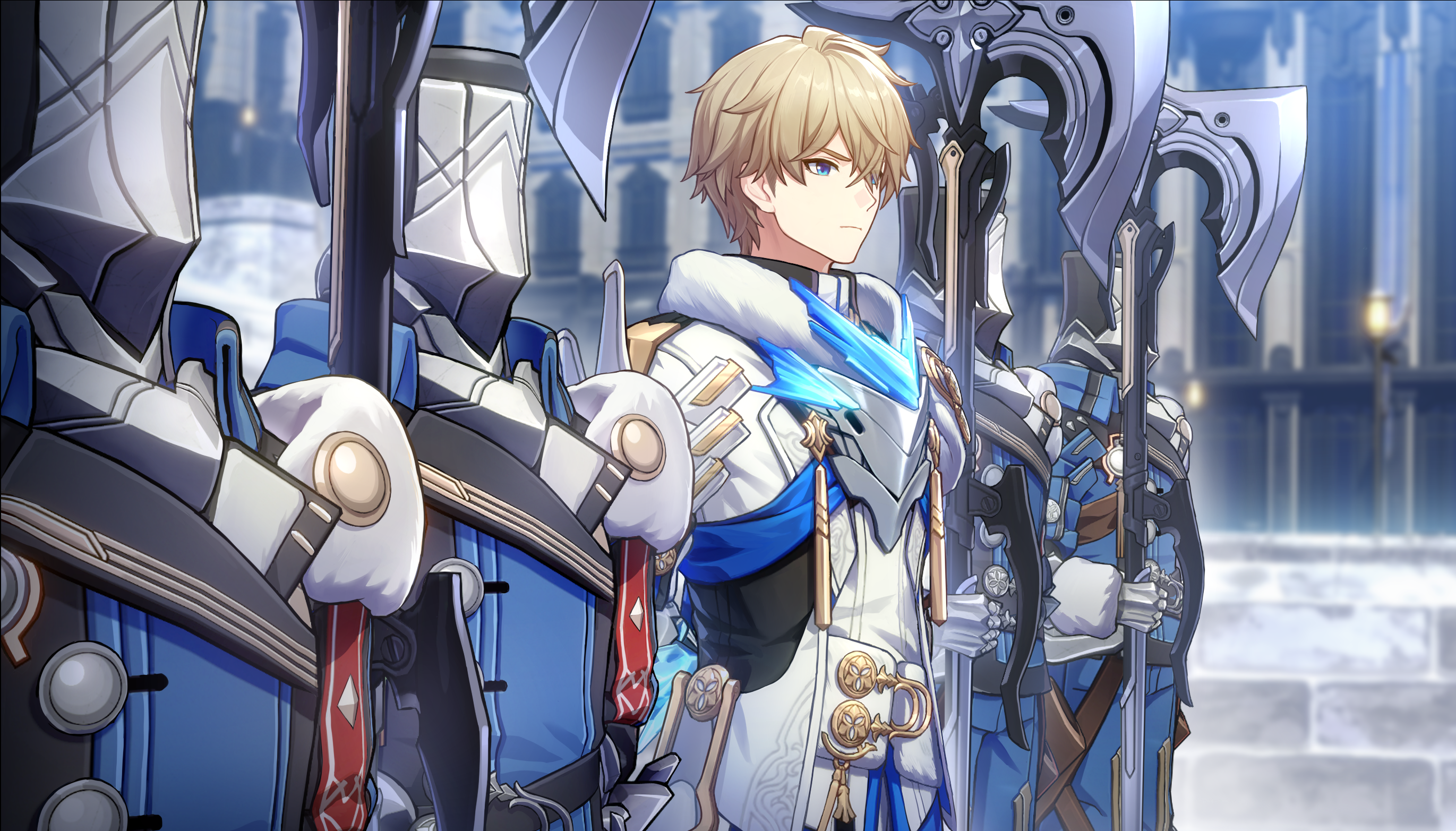 gepard landau, honkai: star rail, honkai (series), bad link, game cg, highres, official art, 5boys, armor, blonde hair, blue eyes, blue jacket, blue sash, breastplate, combat helmet, fur-trimmed jacket, fur trim, gauntlets, hair between eyes, halberd, helmet, holding, holding polearm, holding weapon, jacket, long sleeves, male focus, medal, military uniform, multiple boys, outdoors, polearm, sash, short hair, silvermane guard (honkai: star rail), weapon, white jacket