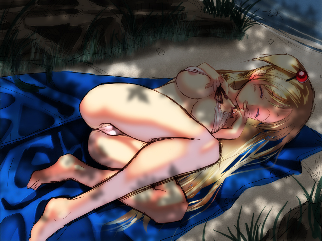 coffee cat, original, 1girl, barefoot, breasts, camisole, closed eyes, clothes lift, crop top, dappled sunlight, feet, female focus, large breasts, legs, lying, on side, panties, pantyshot, shade, shirt lift, sketch, sleeping, solo, sunlight, tank top, tree shade, underwear