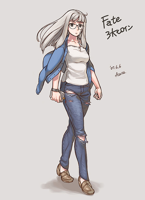 azusa (hws), himuro kane, fate/stay night, fate (series), 00s, 1girl, ahoge, denim, fashion, female focus, glasses, jeans, pants, solo