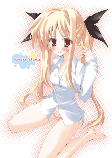 ogiwara sou, bardiche (nanoha), bardiche (standby form) (nanoha), fate testarossa, lyrical nanoha, mahou shoujo lyrical nanoha, mahou shoujo lyrical nanoha strikers, 00s, dress shirt, panties, shirt, solo, striped clothes, striped panties, underwear