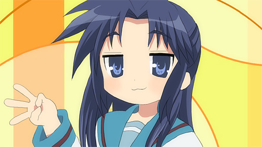 inui nagi, asakura ryoko, lucky star, motteke! serafuku, suzumiya haruhi no yuuutsu, 1girl, blue eyes, blue hair, female focus, half updo, long hair, matching hair/eyes, parody, school uniform, serafuku, solo