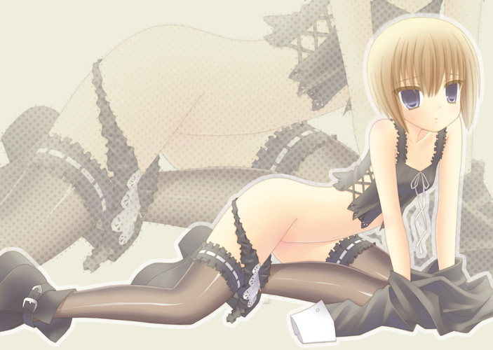 kurasawa kyoushou, original, 1girl, ankle boots, bare shoulders, blonde hair, blue eyes, boots, breasts, brown thighhighs, collarbone, female focus, flat chest, frilled thigh strap, frills, full body, looking at viewer, midriff, navel, no panties, short hair, solo, stomach, thigh strap, thighhighs, zoom layer