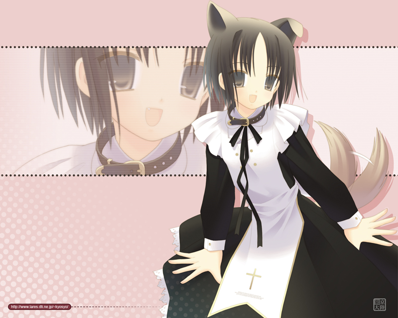 kurasawa kyoushou, original, 1girl, animal ears, brown hair, collar, cross, dog ears, dress, female focus, latin cross, maid, short hair, solo, zoom layer