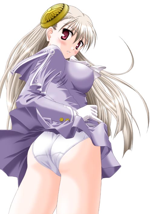 abu, ingrid (capcom), capcom, capcom fighting jam, 1girl, ass, blush, breasts, bun cover, double bun, dress, female focus, gloves, hair bun, hairpods, large breasts, long hair, miniskirt, no legwear, panties, pantyshot, red eyes, ribbon, shirt, skirt, solo, underwear, upskirt, white gloves, white hair, white panties
