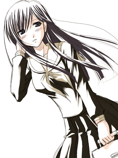 abu, ogasawara sachiko, maria-sama ga miteru, looking away, 00s, 1girl, ascot, bag, black eyes, black hair, dutch angle, female focus, hand in own hair, handbag, long hair, long sleeves, muted color, parted lips, school uniform, serafuku, simple background, skirt, solo, swept bangs, tucking hair, white background