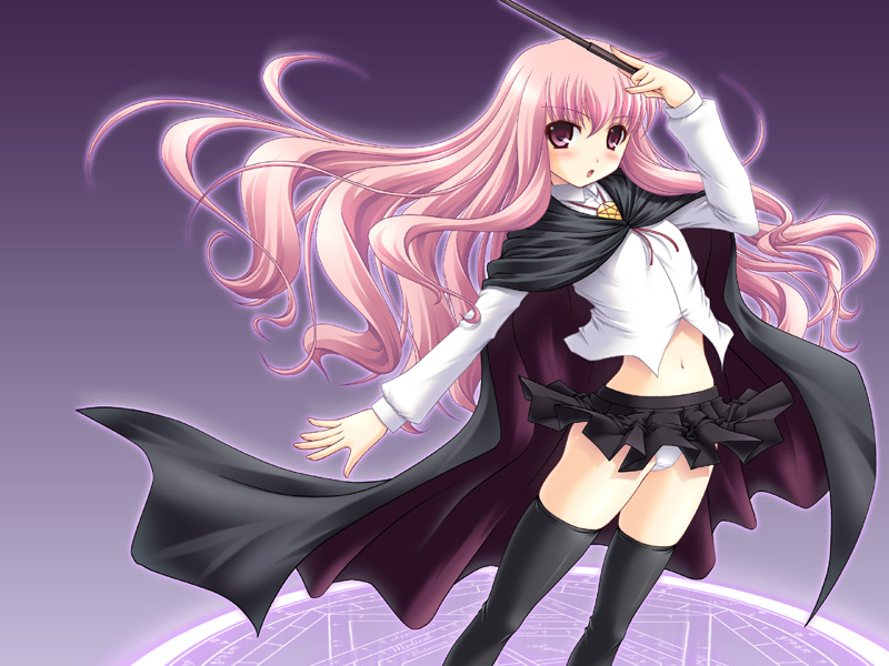 abu, louise francoise le blanc de la valliere, zero no tsukaima, 00s, 1girl, blush, cape, embarrassed, female focus, long hair, magic circle, midriff, navel, open mouth, panties, pantyshot, pentacle, pink hair, purple background, purple eyes, skirt, solo, thighhighs, underwear, very long hair, wand, white panties, zettai ryouiki