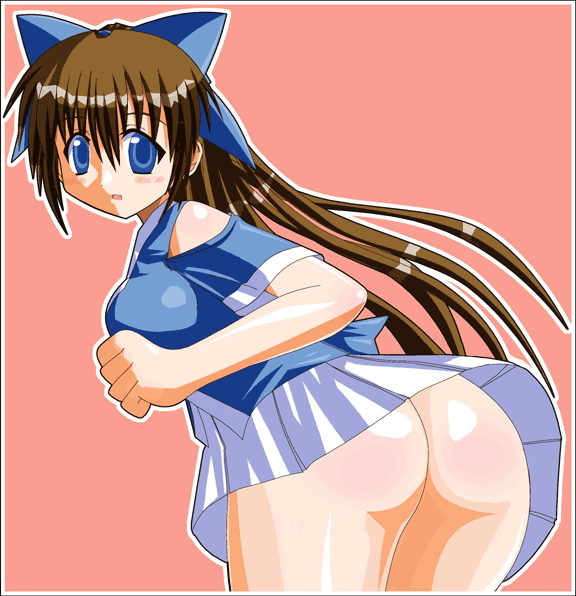 gho, suzu (nagasarete airantou), nagasarete airantou, 00s, 1girl, ass, blue eyes, bow, brown hair, clenched hand, clothing cutout, female focus, hair bow, long hair, looking at viewer, no panties, open mouth, outline, pink background, shoulder cutout, skirt, solo, white outline