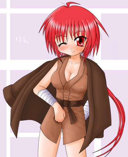 gho, rin (nagasarete airantou), nagasarete airantou, 00s, 1girl, ahoge, belt, breasts, cape, cleavage, collarbone, cowboy shot, female focus, large breasts, looking at viewer, red eyes, red hair, solo, standing