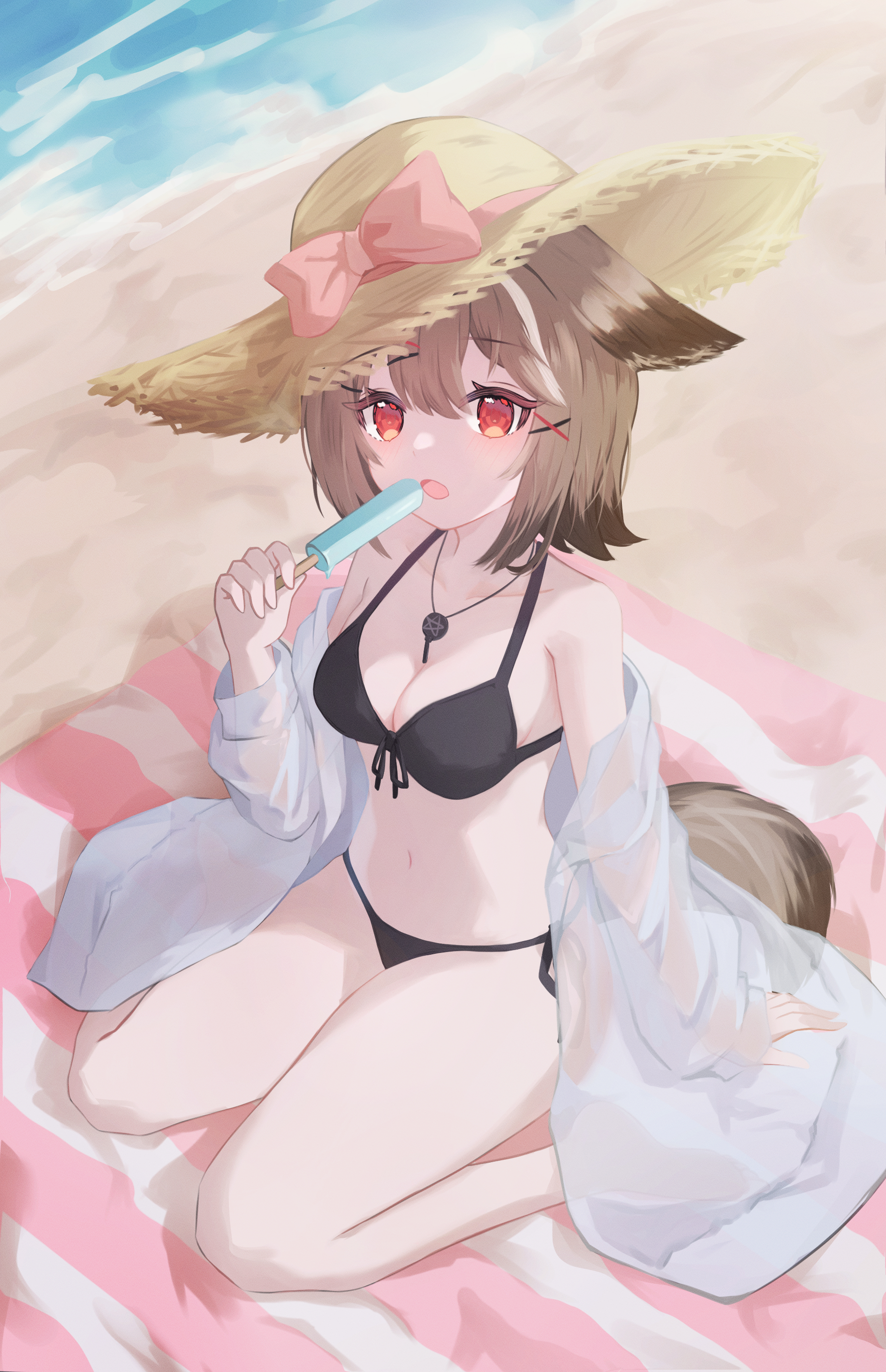 cutter (arknights), arknights, absurdres, highres, 1girl, aenga 1011, alternate costume, animal ears, bare shoulders, beach, beach towel, bikini, black bikini, bow, breasts, brown hair, cleavage, collarbone, food, fox ears, fox girl, fox tail, full body, hair ornament, hat, hat bow, holding, holding food, holding popsicle, medium breasts, medium hair, open mouth, outdoors, pentagram necklace, pink bow, popsicle, red eyes, sand, see-through clothes, side-tie bikini bottom, sitting, solo, straw hat, swimsuit, swimsuit cover-up, tail, towel, wariza, x hair ornament