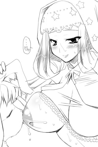 utamaro, cornelius (odin sphere), pooka (odin sphere), velvet (odin sphere), odin sphere, 1boy, 1girl, blush, breast sucking, breasts, cleavage, furry, furry male, furry with non-furry, greyscale, heart, hetero, hood, huge breasts, interspecies, lactation, lactation through clothes, looking at another, milk, monochrome, nipples, see-through clothes, simple background, size difference, spoken heart, white background