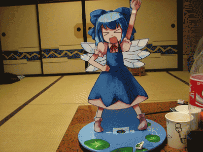 hirosato, cirno, saturday night fever, touhou, animated, animated gif, lowres, photo (medium), > <, 1girl, closed eyes, female focus, hand on own hip, open mouth, smile, solo, spinning