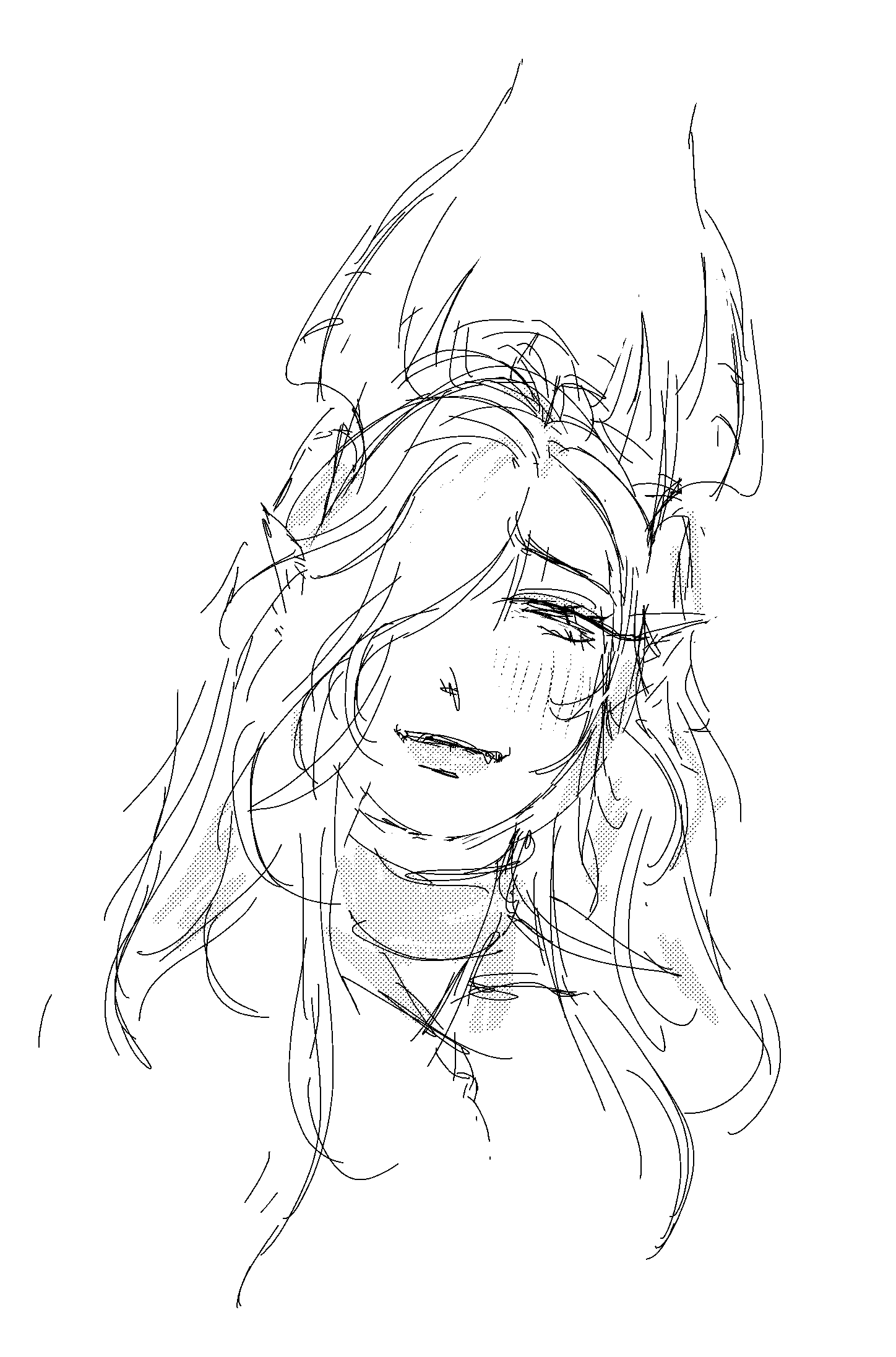 popisya, queen of pain (dota), dota (series), dota 2, highres, 1girl, demon, hair over one eye, horns, long bangs, looking at viewer, pointy ears, sketch, smile, solo