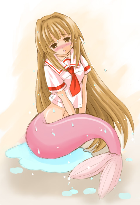 utsubo kazura, seto sun, seto no hanayome, 00s, 1girl, :o, blush, bottomless, brown eyes, brown hair, female focus, fins, fish tail, long hair, looking at viewer, mermaid, mermaid tail, mermaid transformation, monster girl, open mouth, school uniform, serafuku, solo, tail, transformation, v arms, very long hair, water, wet