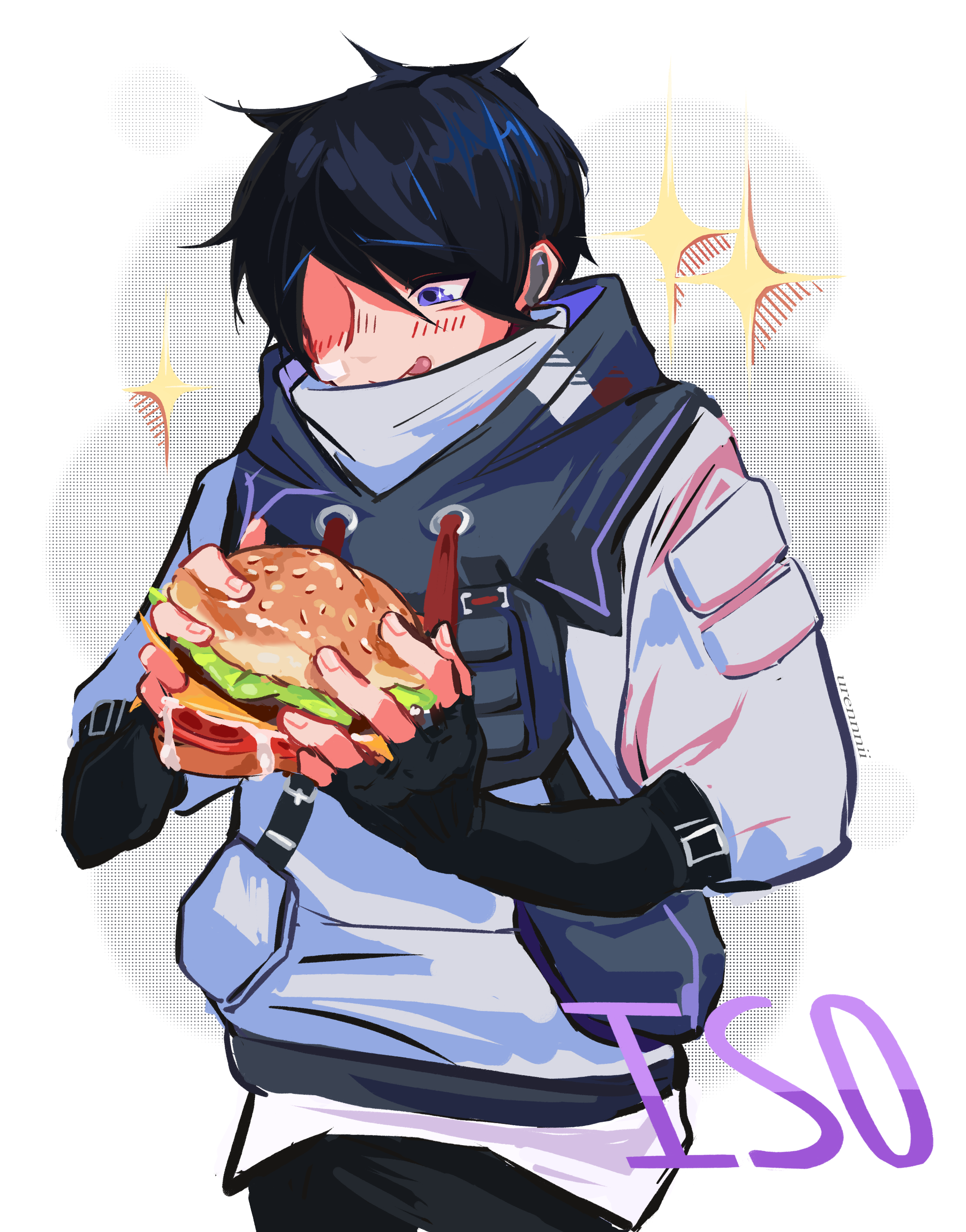 urennnii, iso (valorant), valorant, absurdres, highres, armlet, armor, black hair, black pants, burger, english text, fingerless gloves, food, gloves, holding, holding burger, holding food, jacket, jewelry, multicolored jacket, pants, purple eyes, sparkle, sparkling eyes, tongue, tongue out