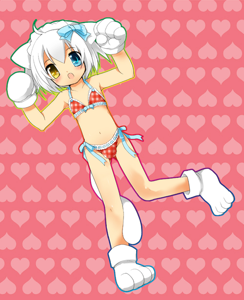 kamiyoshi rika, thoto, original, 1boy, animal ears, animal hands, bikini, bulge, cat boy, cat ears, crossdressing, crossdressing (mtf), heterochromia, lingerie, male focus, ribbon, shota, solo, swimsuit, trap, underwear