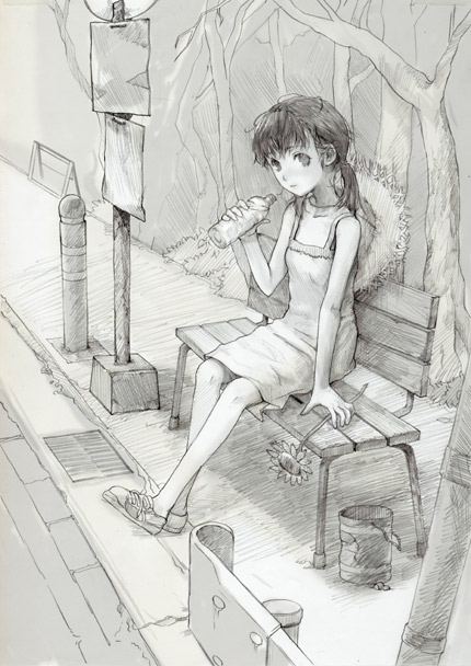 fuyuno haruaki, original, 1girl, bare shoulders, bench, breasts, bus stop, cleavage, collarbone, dorsiflexion, female focus, full body, greyscale, loafers, looking at viewer, monochrome, road, shoes, sidewalk, sign, sitting, small breasts, solo, street