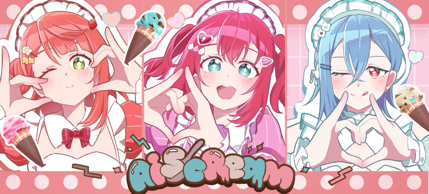 hiiragi (hi ragi1250), kurosawa ruby, uehara ayumu, wakana shiki, love live!, love live! nijigasaki high school idol club, love live! sunshine!!, love live! superstar!!, commentary request, 3girls, ;q, ai scream! (love live!), aiscream (love live!), aqua dress, blue hair, bow, bowtie, column lineup, crossed bangs, dress, food, food-themed hair ornament, frilled dress, frills, hair between eyes, hair ornament, hands on own cheeks, hands on own face, heart, heart hair ornament, heart hands, ice cream, ice cream cone, looking at viewer, maid, maid headdress, medium hair, multiple girls, one eye closed, orange hair, pink dress, pinky out, pinstripe sleeves, plaid bow, plaid bowtie, plaid clothes, puffy short sleeves, puffy sleeves, red bow, red bowtie, red dress, red eyes, red hair, short sleeves, star-shaped pupils, star (symbol), strawberry hair ornament, symbol-shaped pupils, tongue, tongue out, two side up