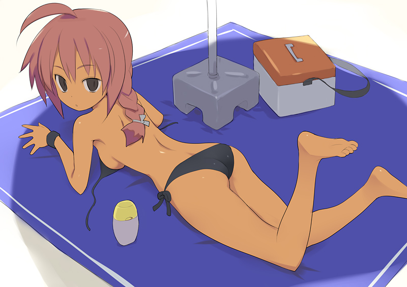 nora higuma, ahoge, barefoot, bikini, black bikini, braid, feet, single braid, soles, solo, swimsuit, topless female, untied bikini