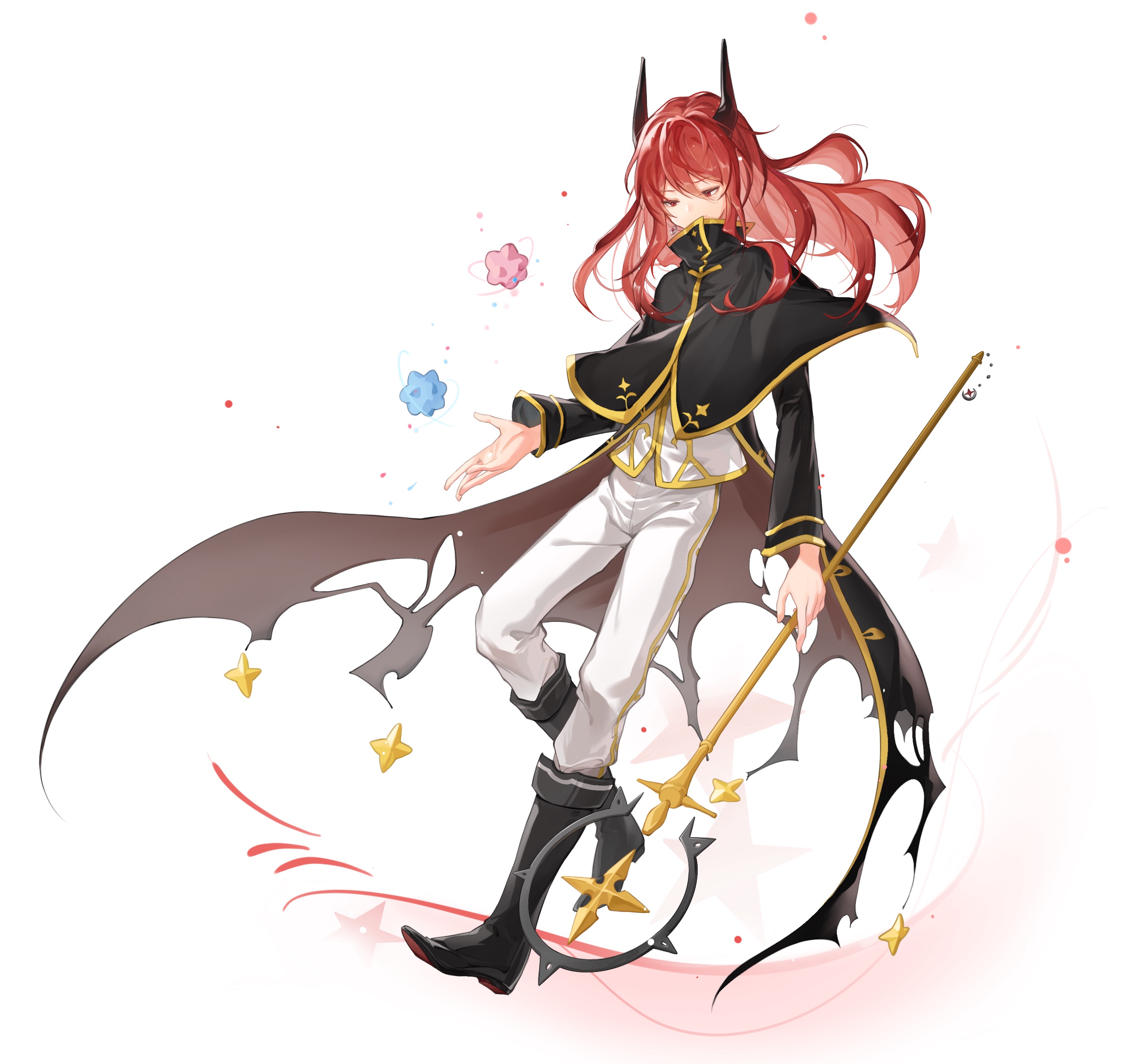 minato (houkago no pleiades), houkago no pleiades, absurdres, commentary request, highres, 1boy, androgynous, black boots, black cape, black horns, boots, candy, cape, double-parted bangs, earrings, floating hair, food, full body, gold trim, hand up, holding, holding staff, horns, jewelry, knee boots, knee up, leaning back, long hair, looking down, pants, red hair, shirt, sidelocks, simple background, single earring, solo, staff, standing, star (symbol), star earrings, tmz51705650, torn cape, torn clothes, white background, white pants, white shirt