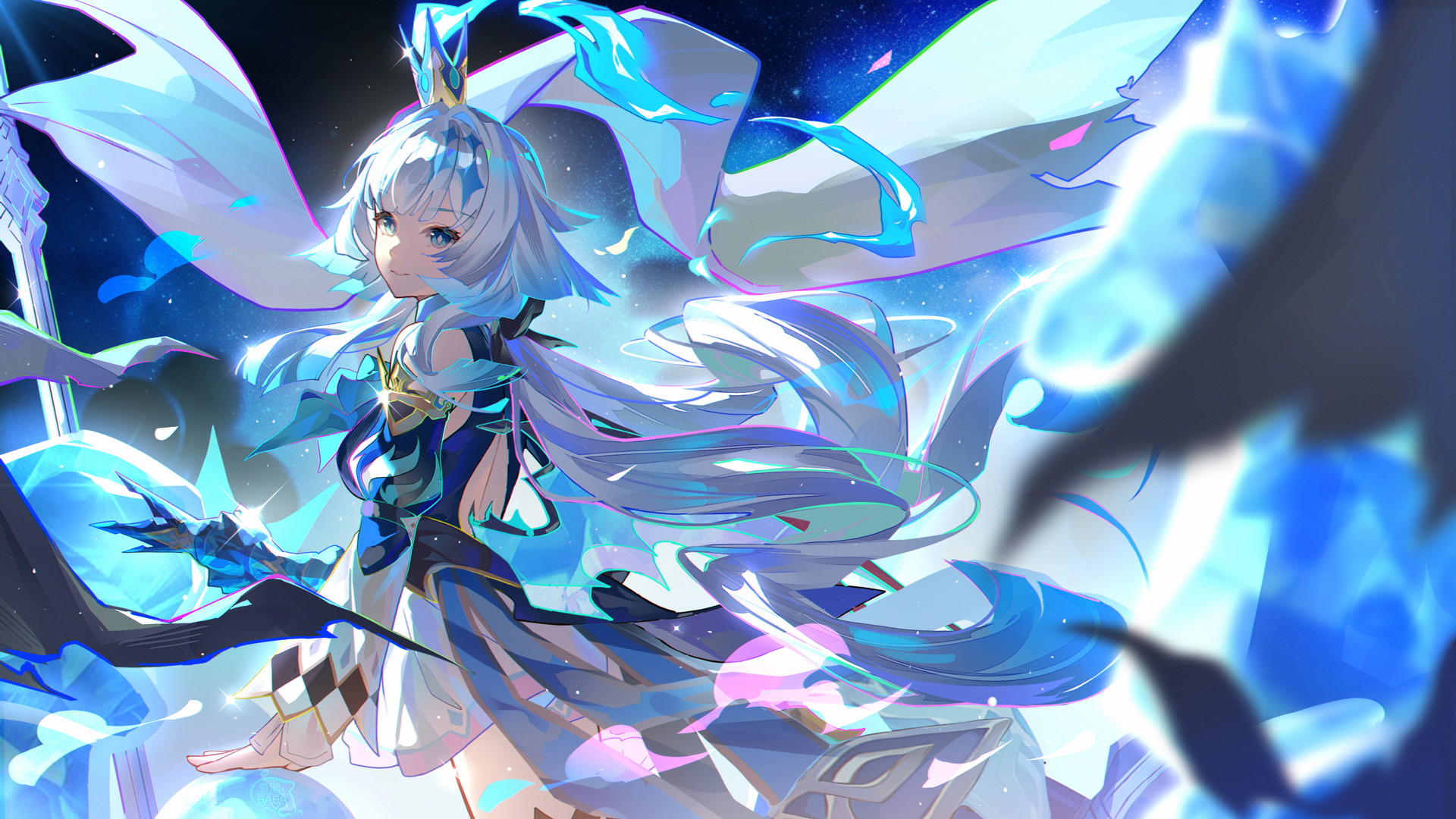 yu e baba, cerydra (honkai: star rail), honkai: star rail, honkai (series), commentary, highres, 1girl, artist name, back, bare shoulders, black background, blue dress, blue eyes, blue fire, blunt bangs, blunt ends, blurry, crown, depth of field, detached sleeves, diamond-shaped pupils, diamond (shape), dress, fire, floating hair, from behind, glint, gold trim, light particles, long hair, long sleeves, looking at viewer, looking back, low wings, mini crown, solo, standing, symbol-shaped pupils, thighs, turning head, very long hair, white hair, wide sleeves, wings