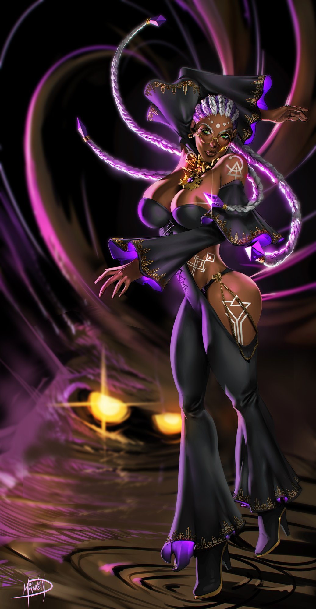 megaween, dolores (kof), the king of fighters, 1girl, ass, bodypaint, braid, breasts, cleavage, curvy, dark-skinned female, dark skin, dress, earrings, female focus, glasses, gold, green eyes, hands up, heel up, high heels, huge ass, huge breasts, jewelry, large breasts, long hair, long sleeves, mud, multicolored hair, muscular, muscular female, panties, purple hair, round eyewear, thick lips, thick thighs, thighs, tight clothes, toned, toned female, two-tone hair, underwear, white hair