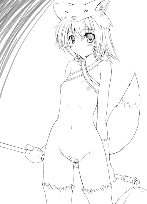 kawase seiki, moonlight flower, ragnarok online, 1girl, animal ears, blush, cameltoe, female focus, flat chest, fox ears, greyscale, maebari, monochrome, nipples, nude, solo, standing, tail
