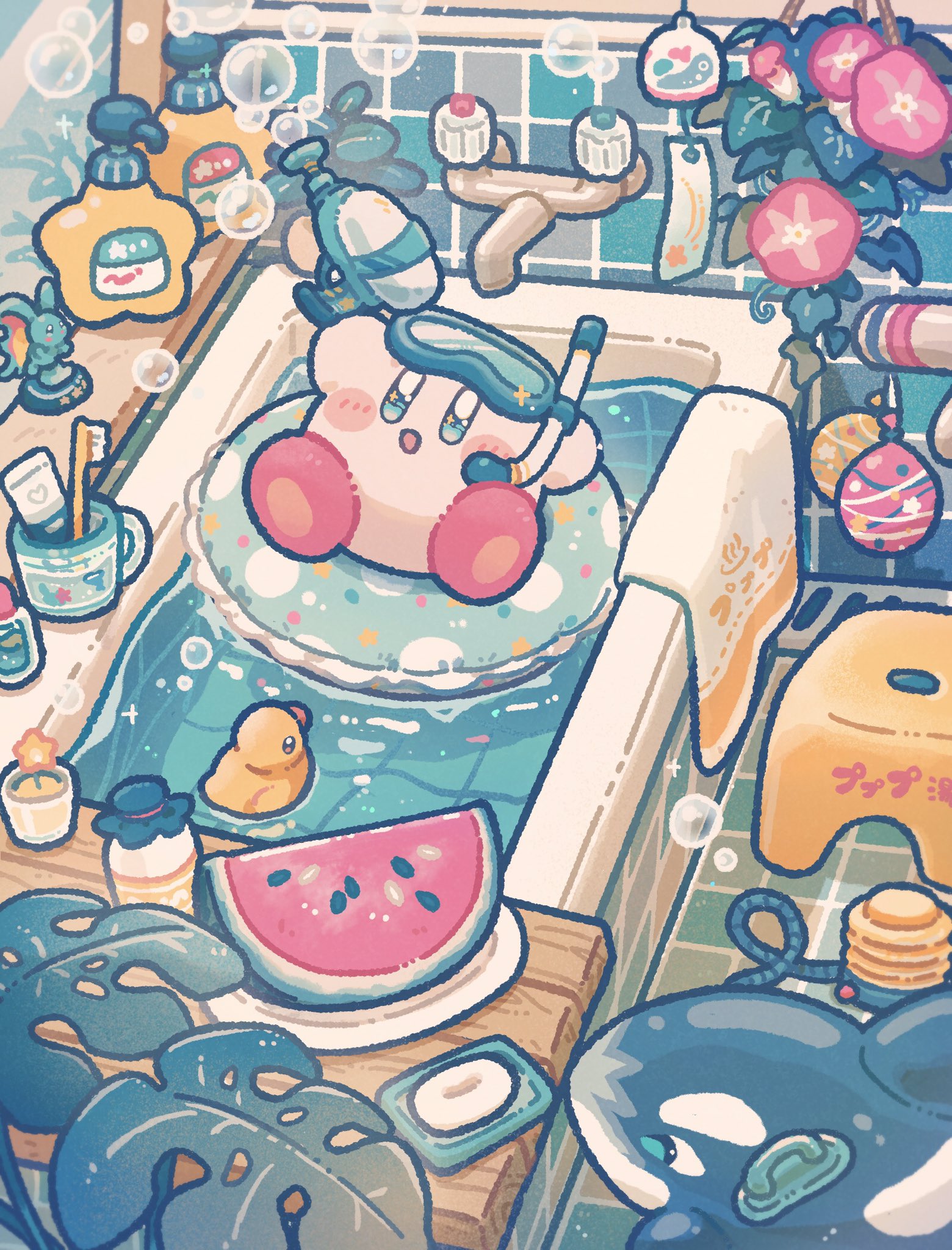 harukui, kirby, kirby (series), nintendo, commentary, highres, symbol-only commentary, :d, bath, blue eyes, blush stickers, bubble, diving mask, eyewear on head, food, fruit, goggles, innertube, leaf, no humans, open mouth, plate, rubber duck, shampoo bottle, sink, smile, soap, solo, stool, swim ring, water, watermelon, watermelon slice