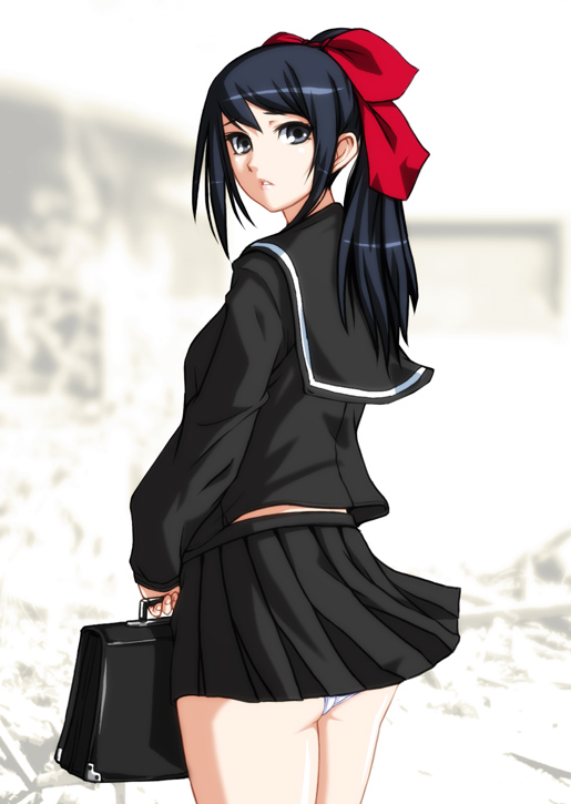 mishima toshihiro, original, 1girl, ass, bag, black hair, bow, female focus, from behind, grey eyes, hair bow, looking back, panties, pantyshot, ponytail, school bag, school uniform, serafuku, solo, standing, underwear, wind, wind lift